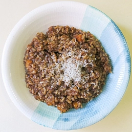 Arroz de calabaza, morcilla y parmesano